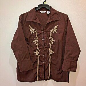 Vintage Quizz Woman Stretch Size 20 Brown Button Up Long Sleeve Western Shirt